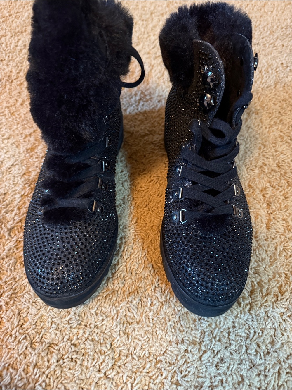 Jessica Simpson Black Crystal-Embellished Lace-Up Fur Trim Boots